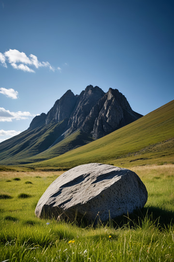 草原上的巨石与远处山峰