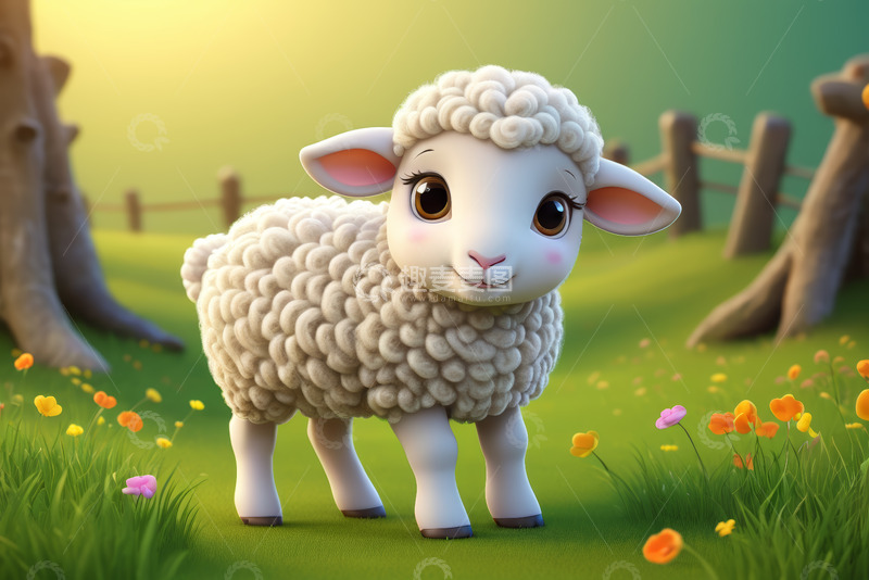 高清大图下载【趣麦麦图】卡通绵羊站在草地花丛中