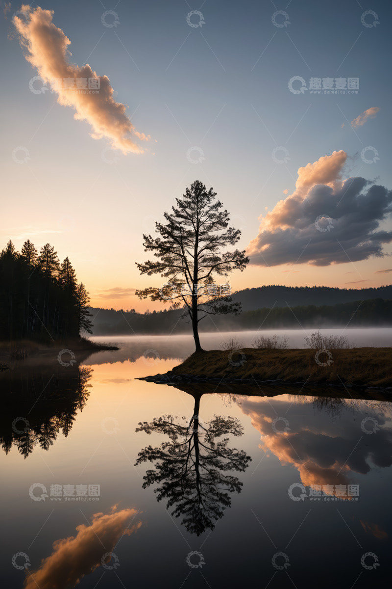 高清大图下载【趣麦麦图】湖畔孤树与黄昏天空倒影
