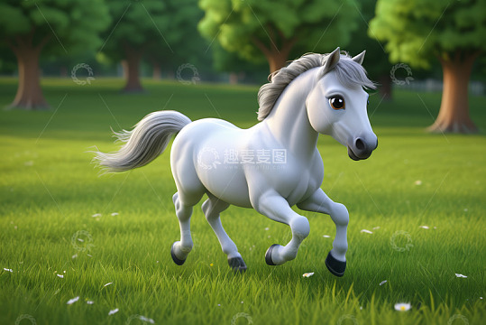 草地上奔跑的卡通白马