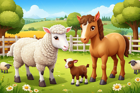 农场中的马和羊群卡通场景