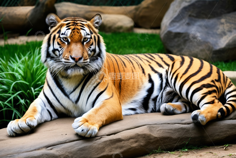 高清大图下载【趣麦麦图】趴卧在岩石上的老虎