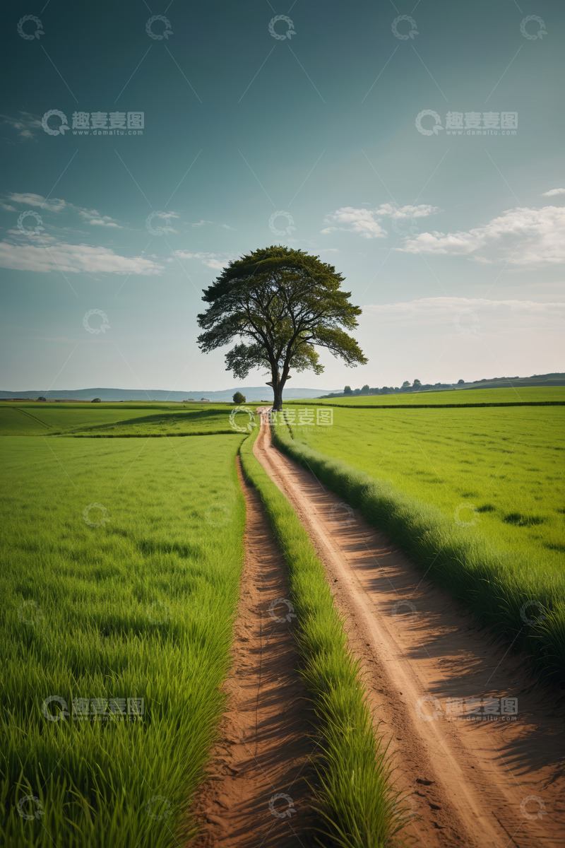 高清大图下载【趣麦麦图】田野间小道旁的孤树风景