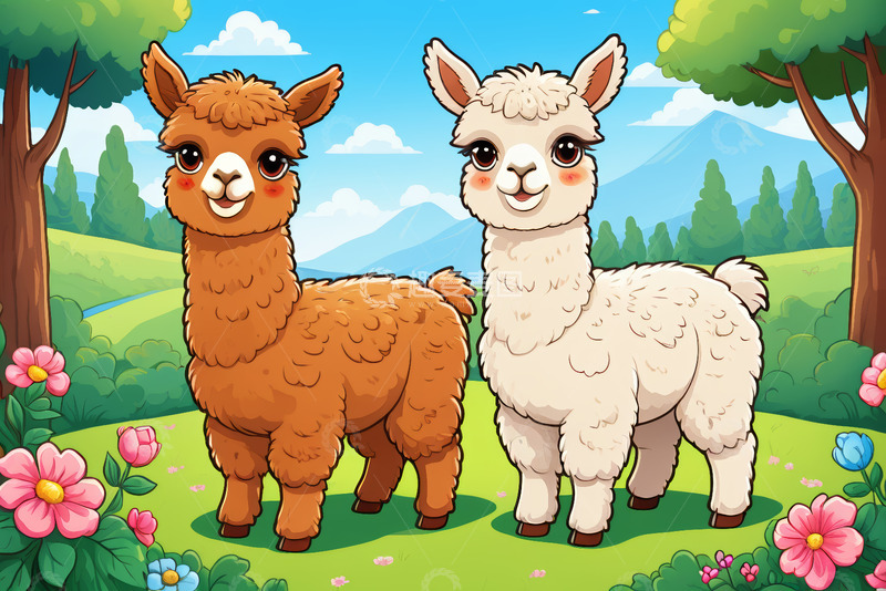 高清大图下载【趣麦麦图】卡通羊驼站在自然风光中