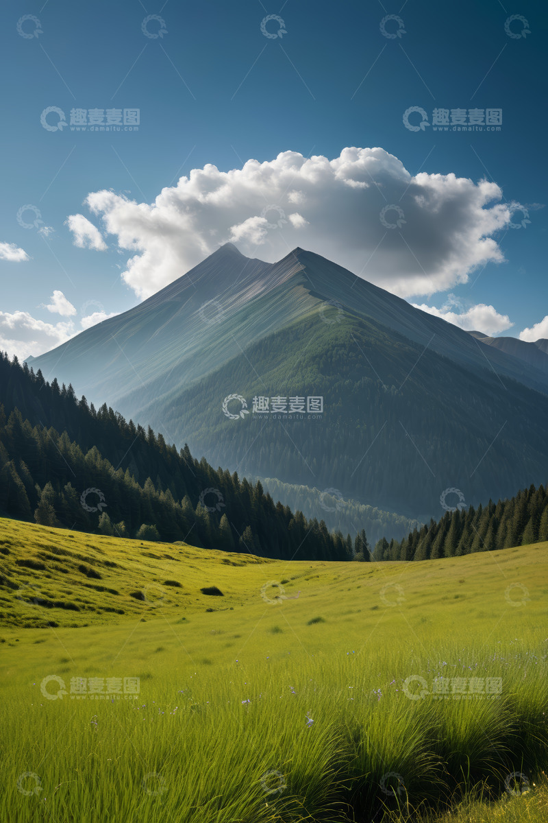 高清大图下载【趣麦麦图】青山草地与蓝天白云风景