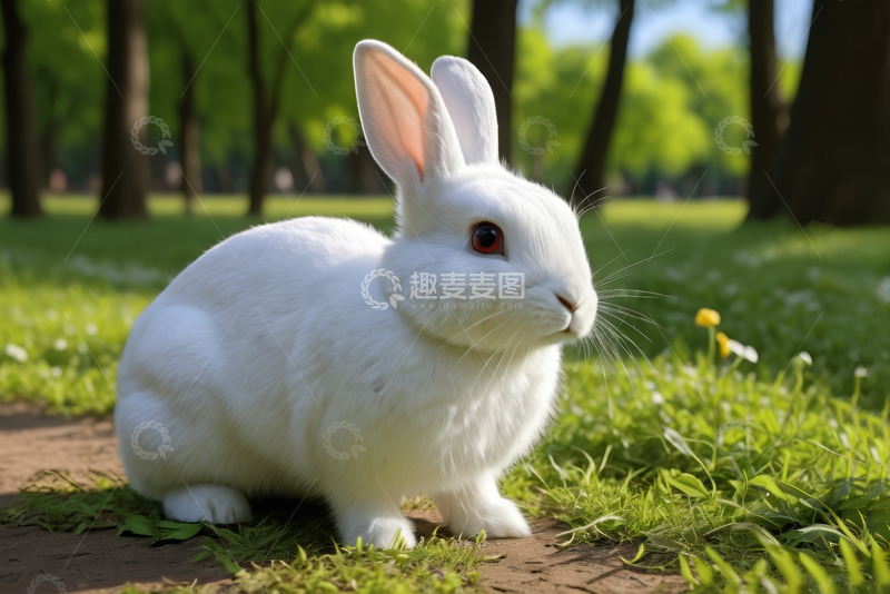 高清大图下载【趣麦麦图】草地上的白色兔子