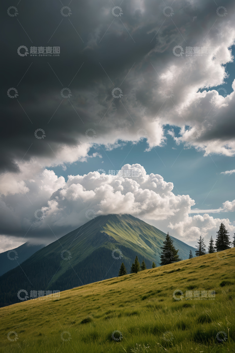 高清大图下载【趣麦麦图】山间草地与云雾缭绕的山峰