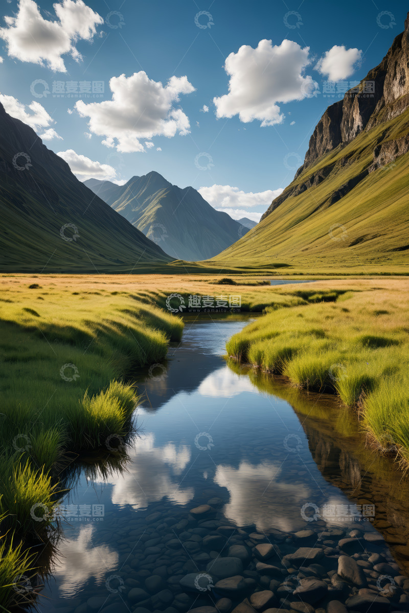 高清大图下载【趣麦麦图】山谷间溪流与草地自然风光