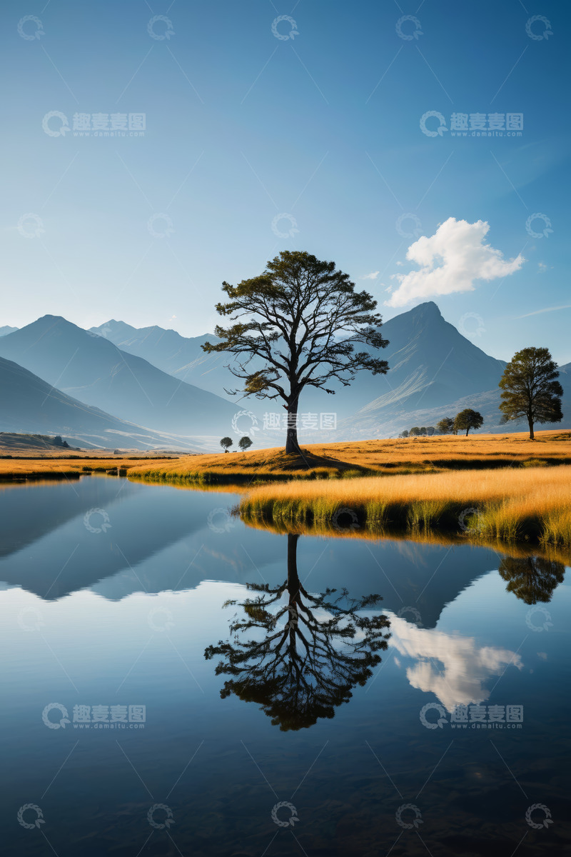 高清大图下载【趣麦麦图】湖畔孤树与远山倒影风景