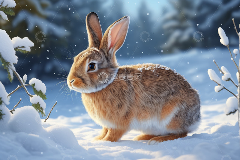 高清大图下载【趣麦麦图】雪地里的兔子特写