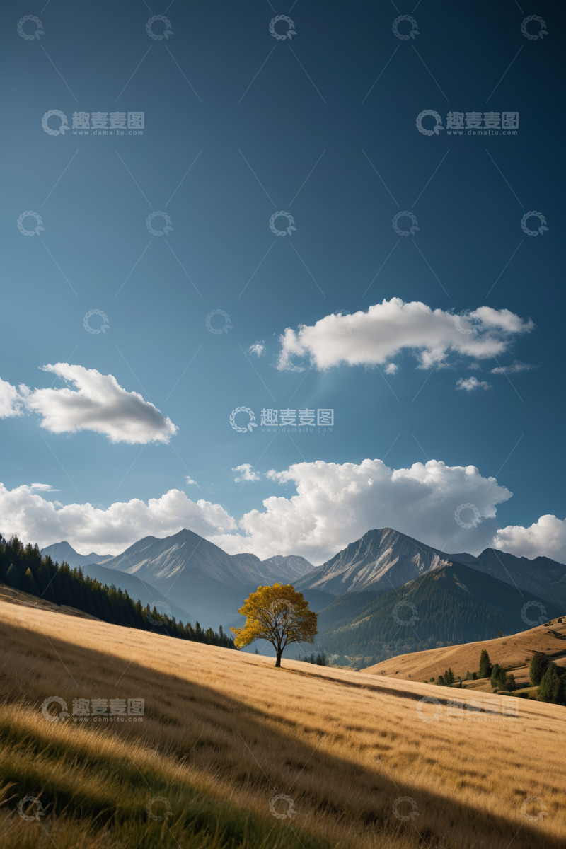 高清大图下载【趣麦麦图】草原上的孤树与远山风景