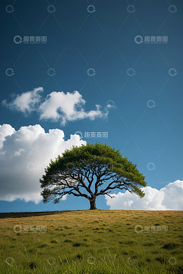 草原上孤立大树与蓝天白云