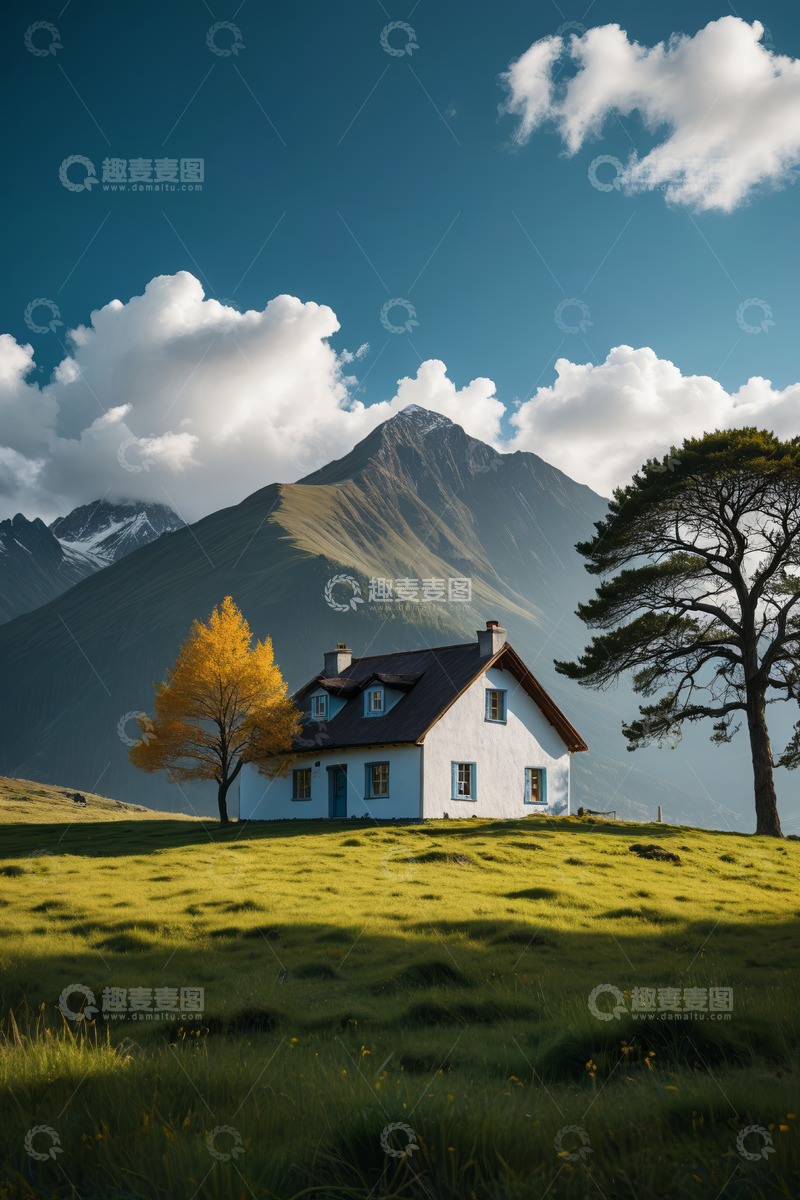 高清大图下载【趣麦麦图】山间草地旁的白色小屋风景