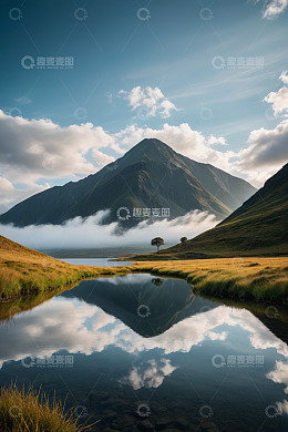 山间湖泊与草原风景