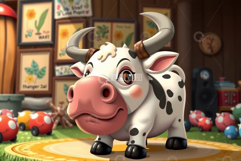 高清大图下载【趣麦麦图】卡通奶牛室内场景