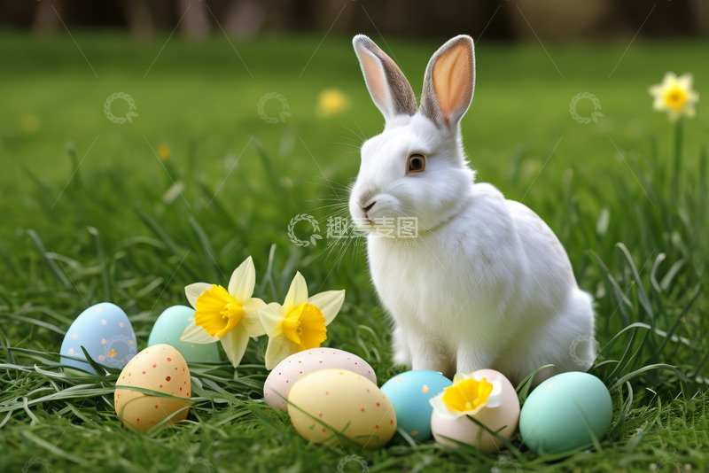 高清大图下载【趣麦麦图】草地上的复活节兔子与彩蛋