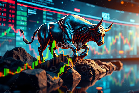 牛市雕像与金融图表背景