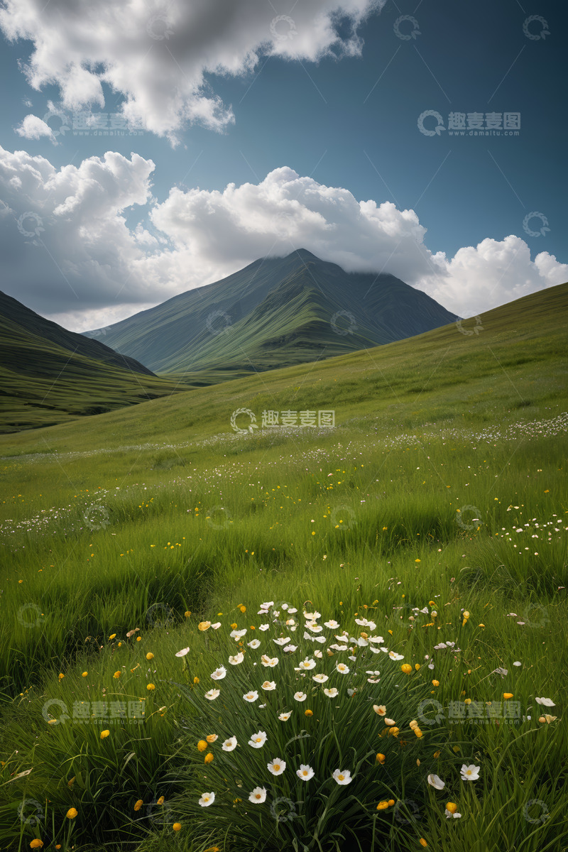 高清大图下载【趣麦麦图】户外绿色草原与远山风景