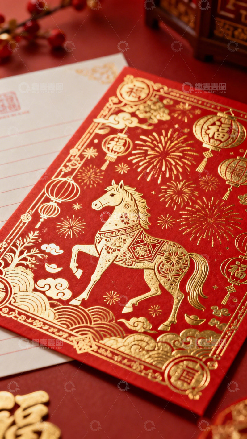 高清大图下载【趣麦麦图】春节庆典金色马图案红包设计