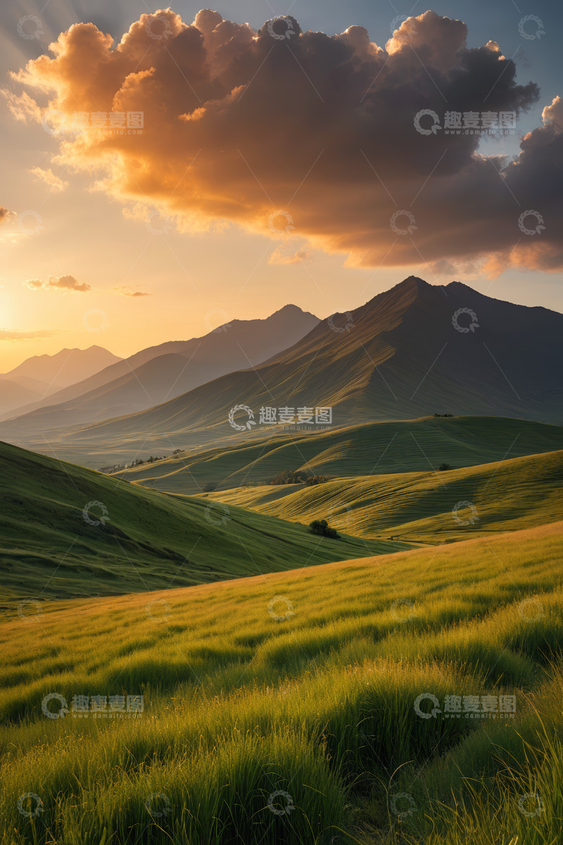 高清大图下载【趣麦麦图】夕阳下的绿色山丘自然风光