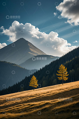 山间草地与金黄树木风景