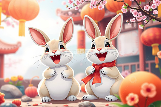 双兔新春场景插画素材
