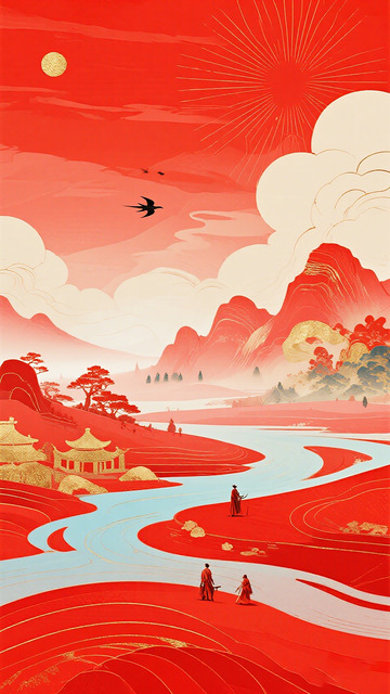 红色中国风山水画艺术插画