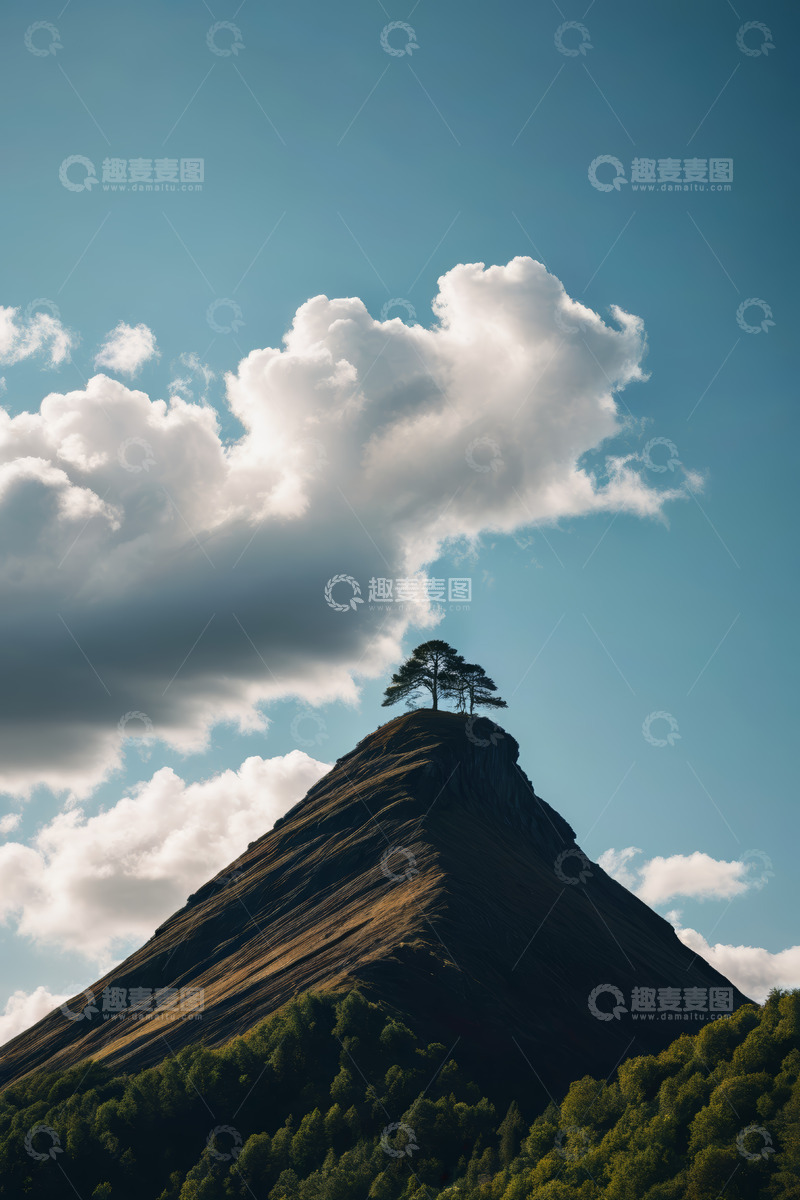 高清大图下载【趣麦麦图】山顶孤树与蓝天白云风景