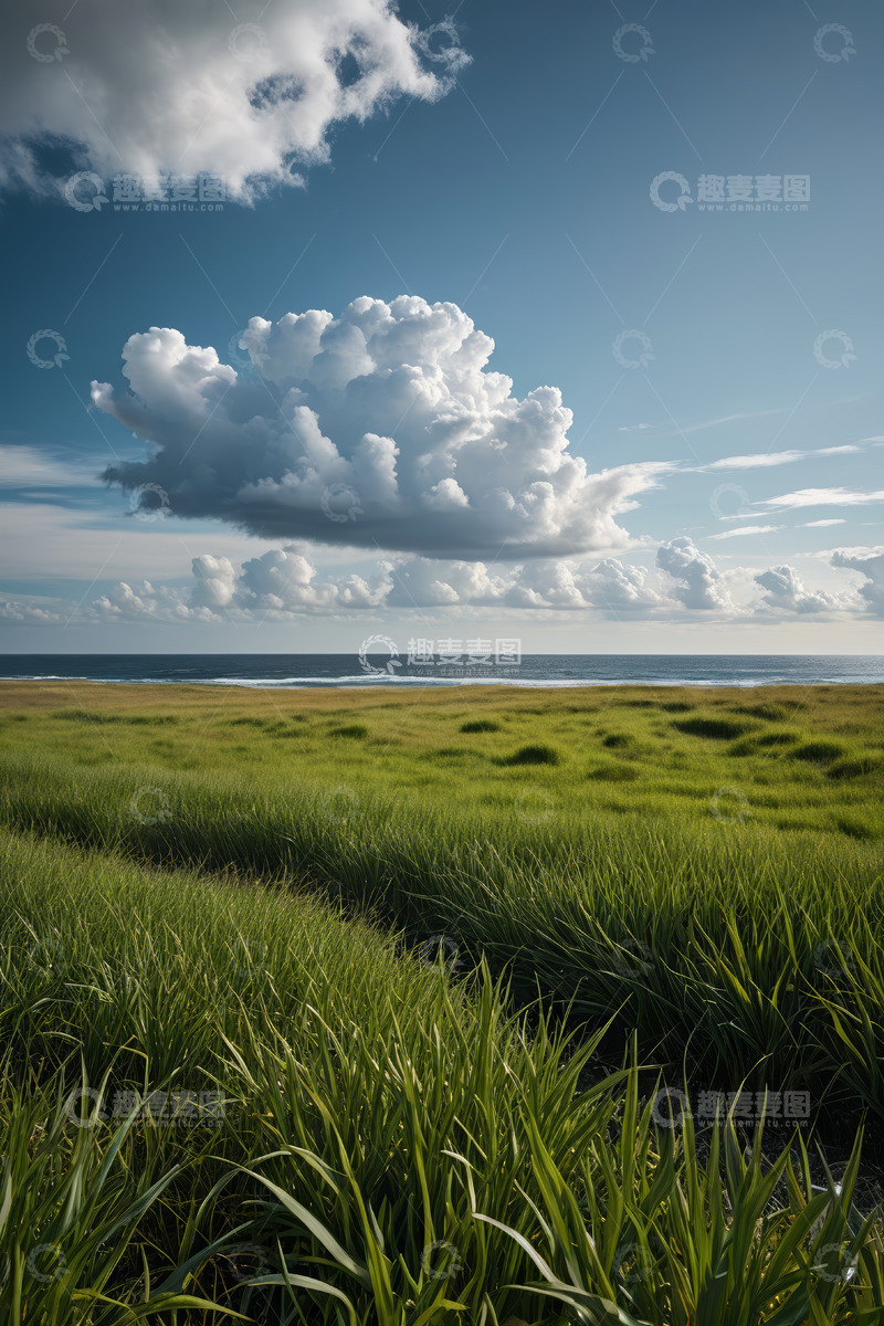 高清大图下载【趣麦麦图】海边草地与蓝天白云景观