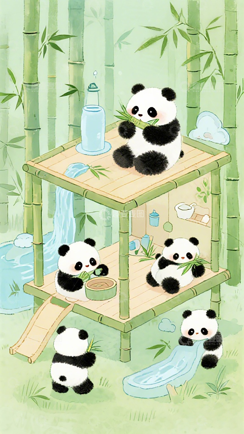 高清大图下载【趣麦麦图】熊猫竹林嬉戏插画