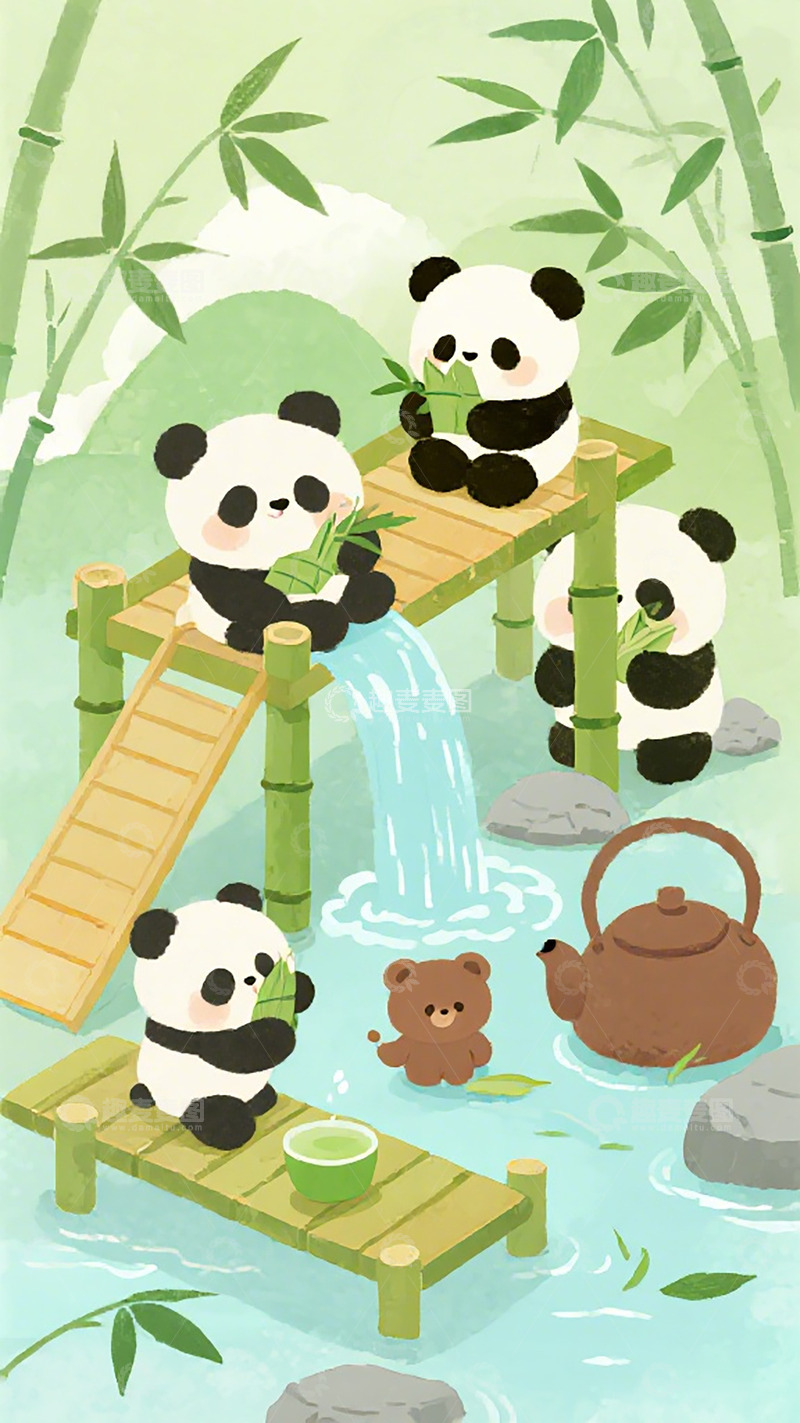 高清大图下载【趣麦麦图】竹林熊猫悠闲品茶卡通插画