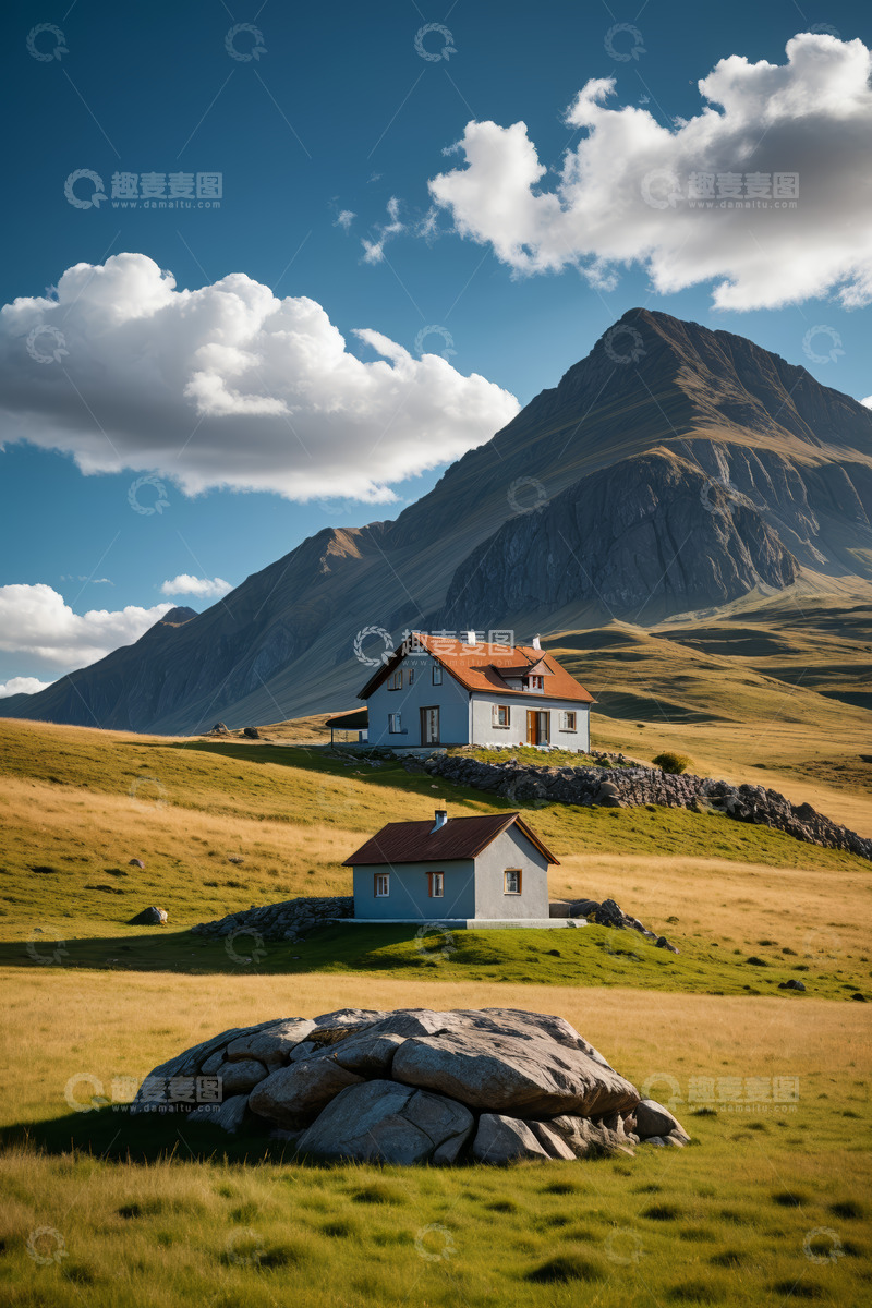 高清大图下载【趣麦麦图】山间草原上的小屋风景
