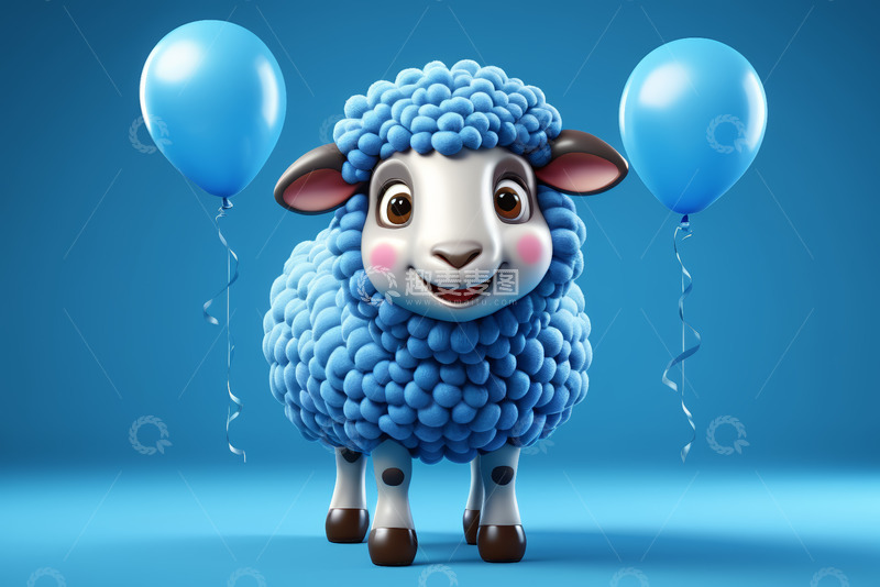 高清大图下载【趣麦麦图】蓝色卡通绵羊与气球形象