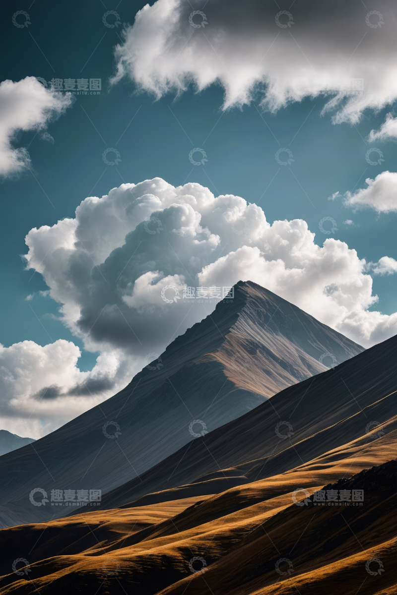 高清大图下载【趣麦麦图】蓝天白云下的壮丽山脉景观