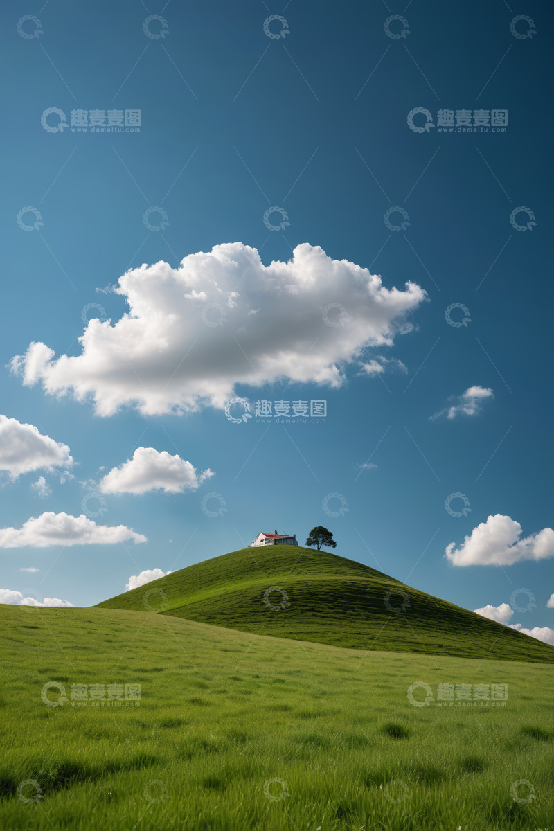 高清大图下载【趣麦麦图】草原山丘上的房屋与白云景观