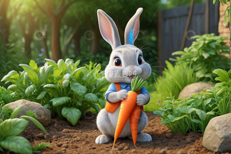 高清大图下载【趣麦麦图】卡通兔子手持胡萝卜站在菜园