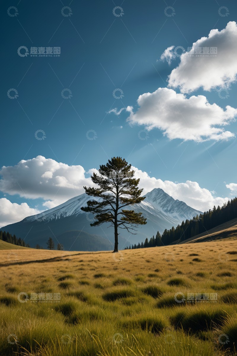 高清大图下载【趣麦麦图】草原孤树与远山风景