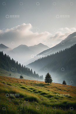 山间云雾缭绕的森林风景