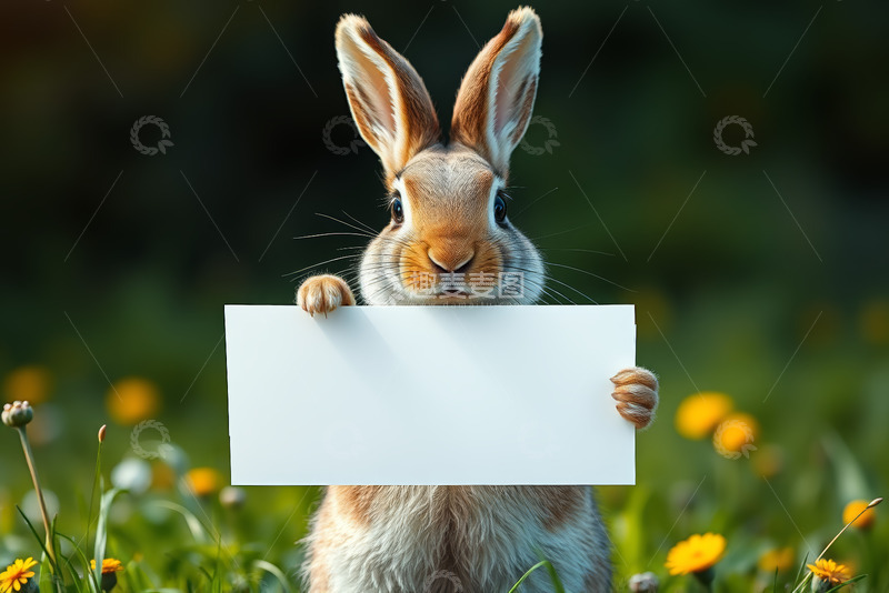 高清大图下载【趣麦麦图】兔子手持白板于草地场景
