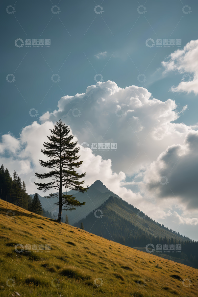 高清大图下载【趣麦麦图】山坡上的孤树与远山风景