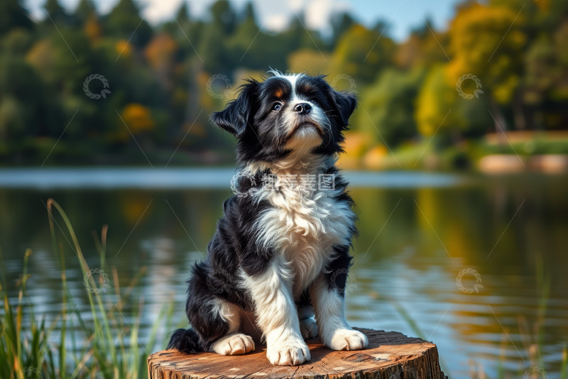 高清大图下载【趣麦麦图】湖畔树桩上的黑白小狗