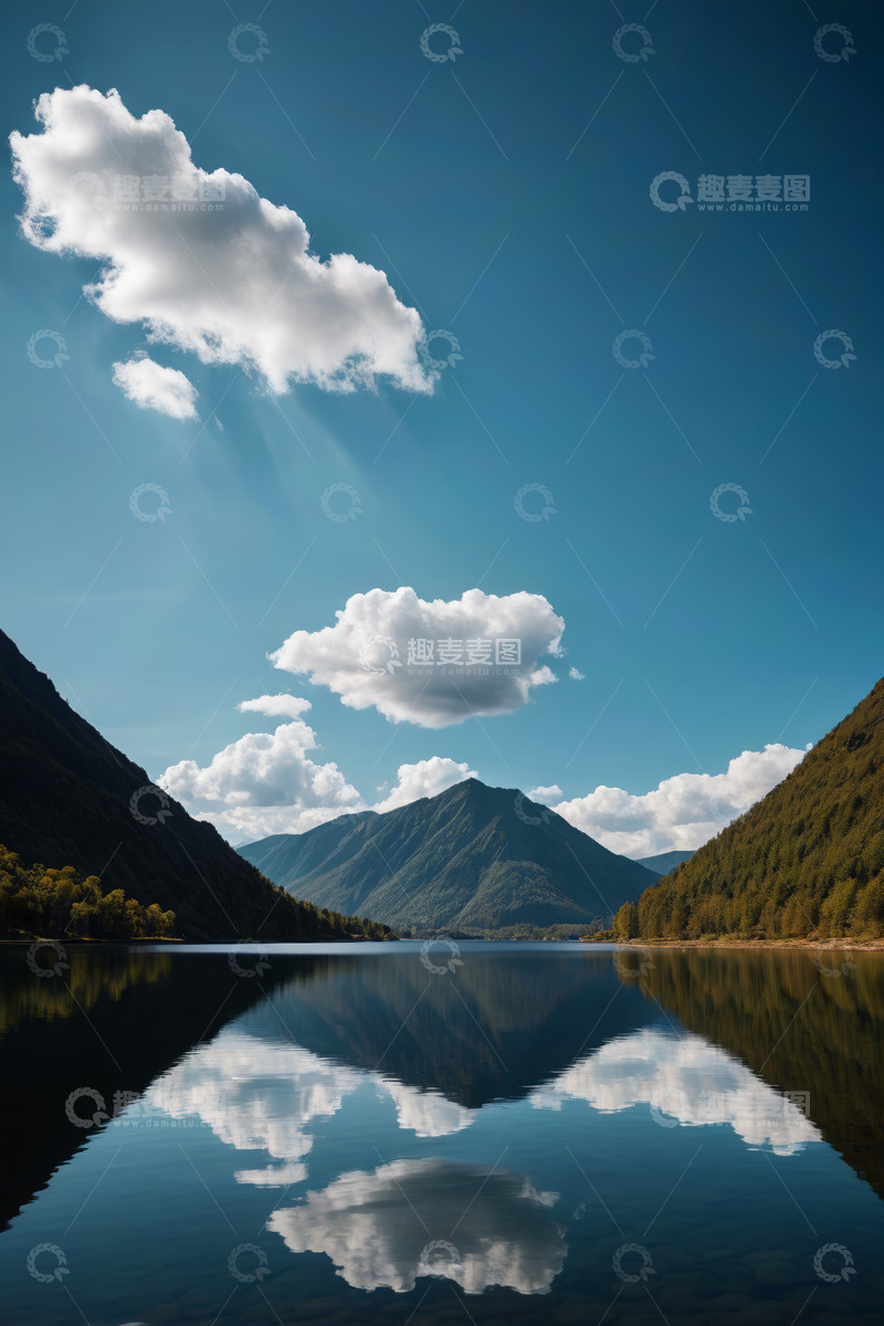 高清大图下载【趣麦麦图】蓝天白云下的山湖自然风光