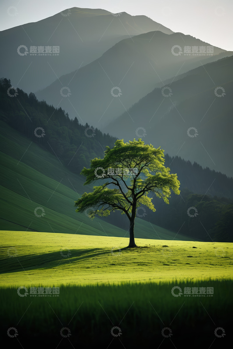 高清大图下载【趣麦麦图】草原上的孤树与远山风景