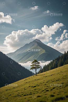 山间草地孤树自然风光