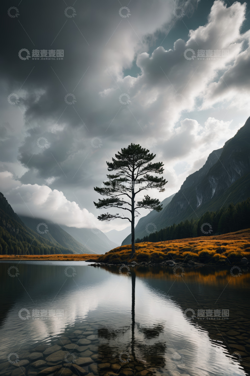 高清大图下载【趣麦麦图】湖畔孤树与山峦自然风光