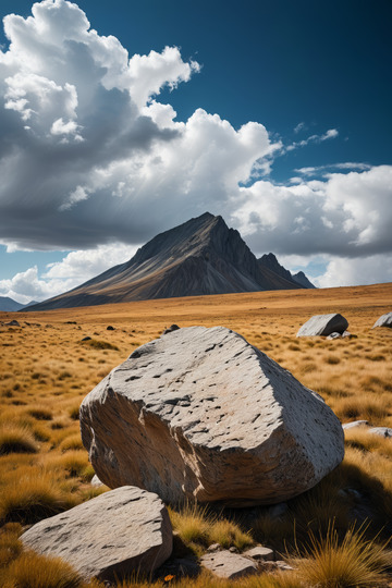 草原巨石与远处山脉风景
