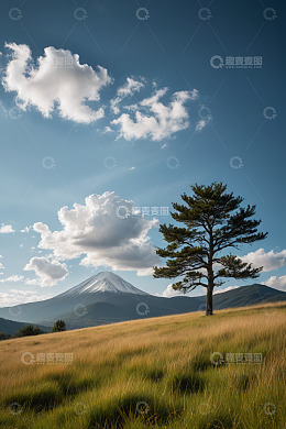 日本富士山旁草地孤树风景