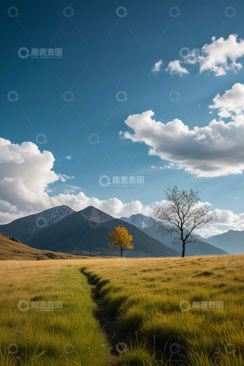 高清大图下载【趣麦麦图】草原远山与树木自然风光