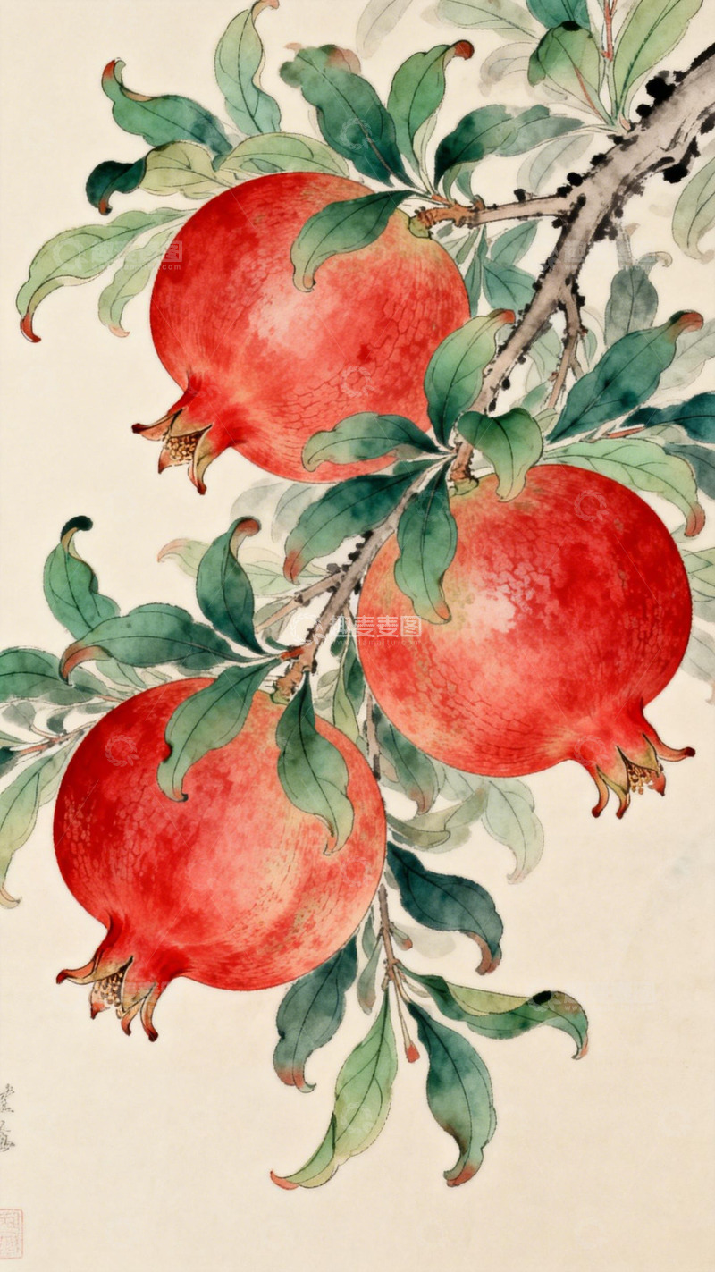 高清大图下载【趣麦麦图】工笔石榴国画传统绘画素材