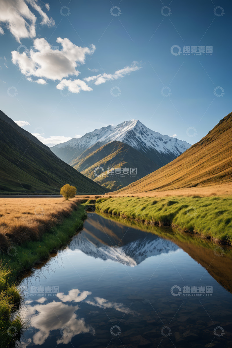 高清大图下载【趣麦麦图】山间河流与远处雪山自然景观